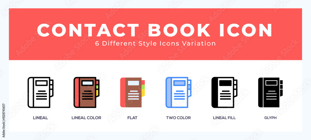 Poster contact book icon set with different styles. icons designed in filled. outline. flat. glyph and line