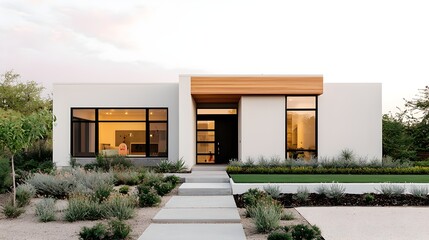 Modern minimalist home with landscaped garden entrance