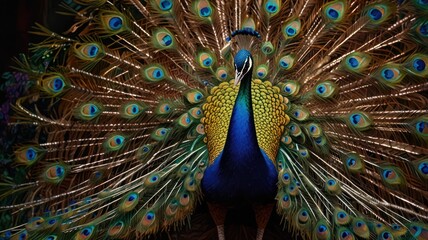 Obraz premium A peacock stands in the middle of a vibrant garden, its colorful feathers gleaming in the sunlight. Its graceful neck arches as it moves among the flowers, and its tail feathers fan out beautifully.