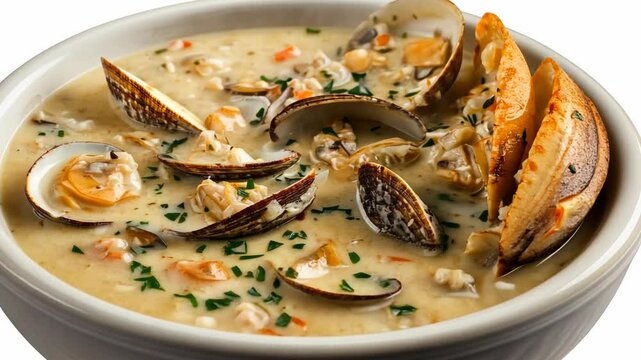 A bowl of creamy clam chowder, topped with fresh clams and herbs, perfect for a cold day