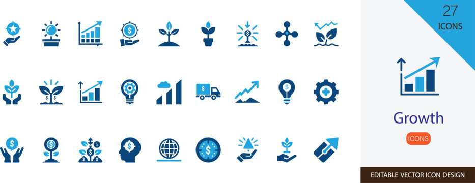 Growth icon set. containing Progress, expansion, development, improvement, evolution, enhancement and more vector design