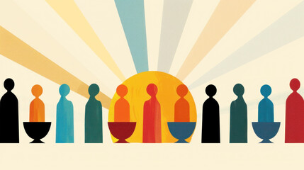 Abstract silhouettes gathering with radiant sunburst background