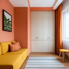 Modern living room with vibrant orange and yellow accents