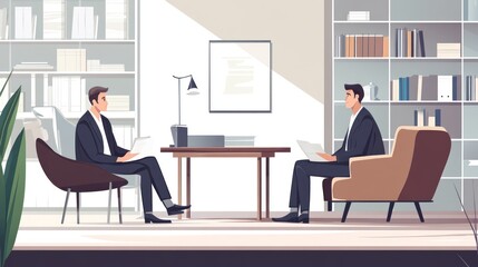 Two Men in Suits Sitting and Discussing Documents in an Office