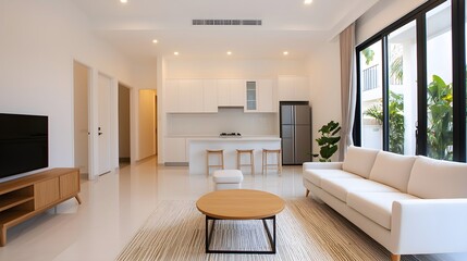 Modern minimalist living room with open kitchen design