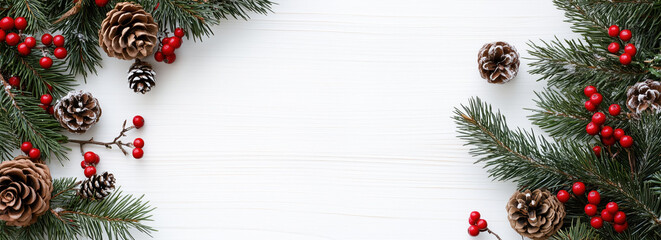 Christmas tree branches with red berries and pine cones on a white wooden background, a banner for web design or a social media post template, viewed from above.