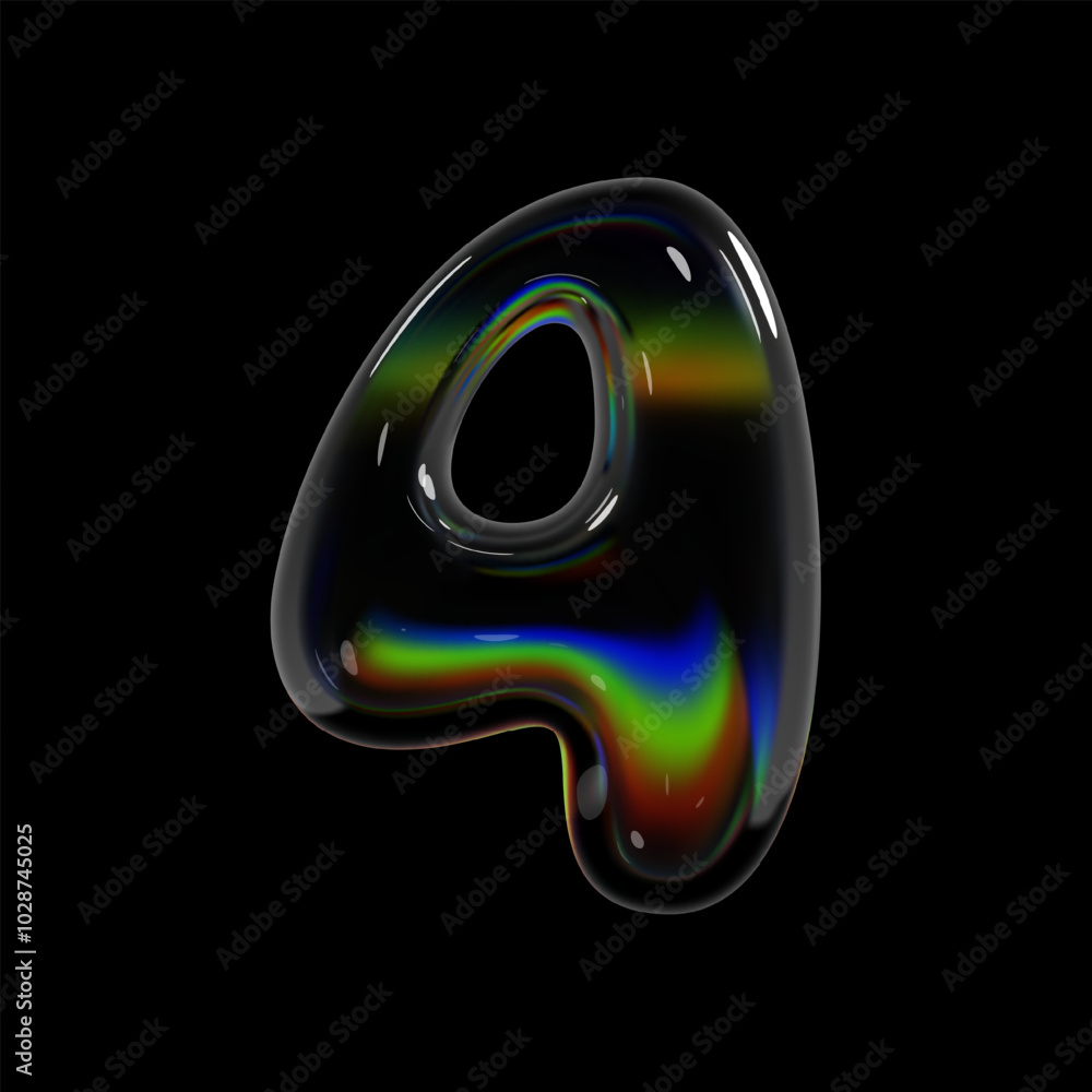 Poster number 4, 3d holographic glass four number sign. balloon bubble inflated shape isolated with rainbow