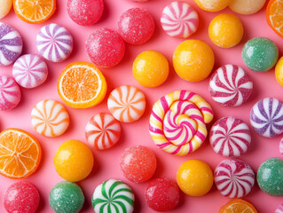 Fototapeta premium Colorful lollipops and different colored round candy. candy colorful background. 