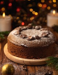 Chocolate cake with powdered sugar on top. The cake is sitting on a wooden board. There are candles on the table