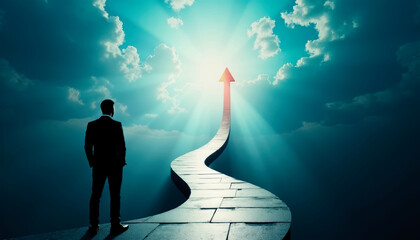 A man stands at the start of a winding pathway, leading upwards into a bright, cloud-filled sky, symbolizing motivation, opportunity, and the journey towards success.