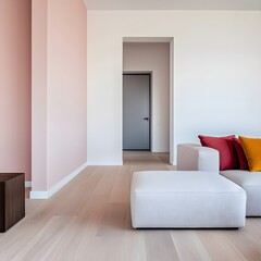 Modern minimalist living room with soft color palette