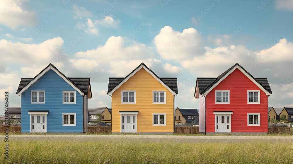 Canvas Prints Three colorful houses lined up in a grassy field under a cloudy sky.