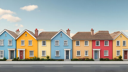 Colorful row of houses with vibrant facades and neat landscaping.