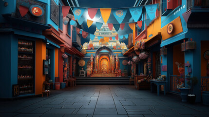 Naklejka premium Colorful festive street with vibrant flags, decorated buildings, and a temple at the end under evening sky.
