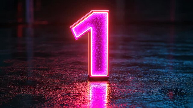 Pink neon number one reflecting on wet asphalt
