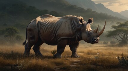 Fototapeta premium a rhinoceros with a strong body and thick gray skin that conveys a sense of strength and resilience. Sunlight filtered through the dense leaves, casting mottled shadows on the creature's large body.