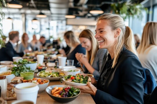 Group of office workers enjoying lunch together. Open space company canteen area. Concept of business, food, meeting, lunch break - Powered by Adobe