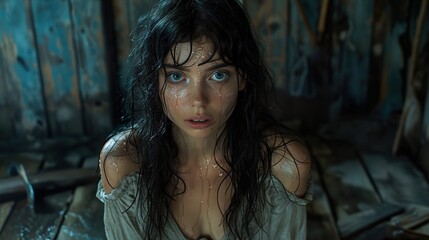 Obraz premium Intense Portrait of a Woman with Wet Hair and Blue Eyes