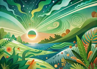 Obraz premium nature painting with river, green trees in the valley, beautiful and charming