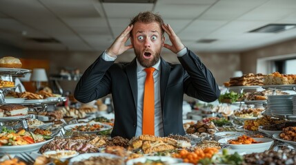 Businessman in suit shocked by extravagant buffet, overwhelmed by the variety of food options surrounding him. Concept of business, food, emotions