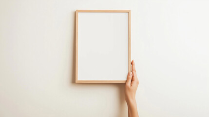 hand holding blank frame, wooden photo frame, close-up of a hand holding the frame