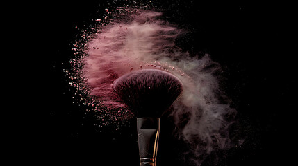 beauty product advertisement, wooden-handled makeup brush with pink powder particles in the air