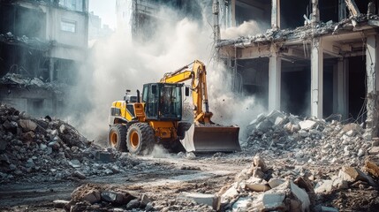 Fototapeta premium Excavator Demolishing a Building with Dust and Debris
