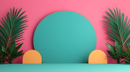 Vibrant tropical backdrop with geometric shapes and foliage