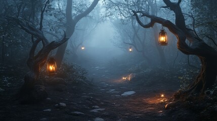 scary night and empty path with flashlights