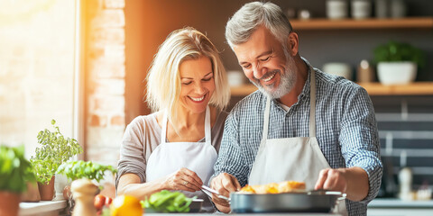 A joyful middle-aged couple cooking together in their kitchen, sharing smiles and love while preparing a delicious meal.