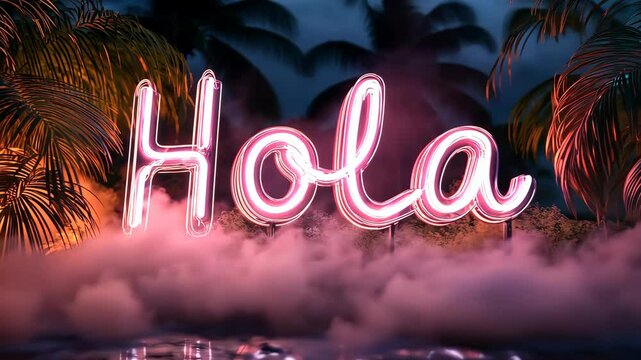 Neon sign showing hola with tropical background changing colors