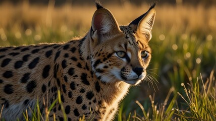 Obraz premium a serval, its distinctive spotted fur blending perfectly with the golden hues of the savanna. The setting sun casts a warm glow over the scene.