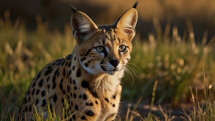 a serval, its distinctive spotted fur blending perfectly with the golden hues of the savanna. The setting sun casts a warm glow over the scene.