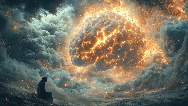 A giant brain exploding in the sky, surrounded by flying particles and smoke