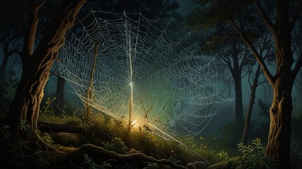 A large spider web stretches between two trees in a dense forest shrouded in mist. Dewdrops glistened on the intricate weave, illuminated by the faint moonlight that filters through the canopy.