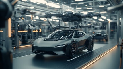 Fototapeta premium In the smart factory, on the automated assembly line, robotic arms are producing luxury grey car.