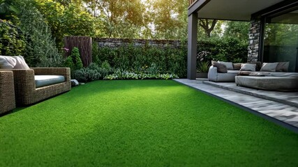 A lush green artificial lawn sits outside a modern home, perfect for enjoying a relaxing afternoon
