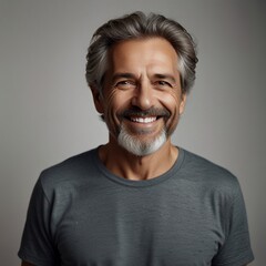 Fototapeta premium Smiling mature man wearing t-shirt isolated on white background. Portrait. Happy middle aged older guy, confident mid adult handsome bearded gray-haired male model in his 40s looking at camera.