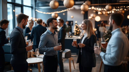 Group of people socializing at a festive office party with drinks in a decorated venue