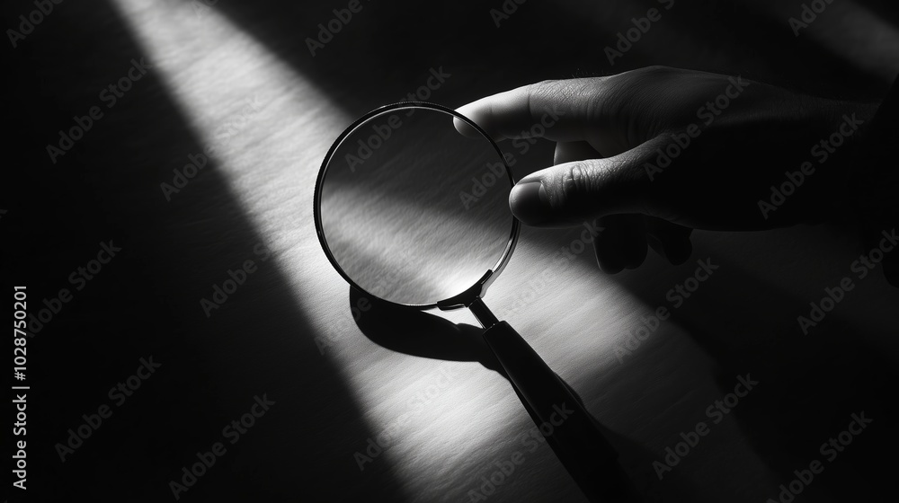 Poster a hand holds a magnifying glass casting a distinct shadow in a dimly lit room with sharp light contr