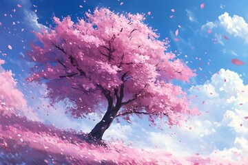 The delicate beauty of cherry blossoms: spring awakening in Japan A romantic depiction of cherry trees in full bloom with delicate pink petals dancing in the wind.