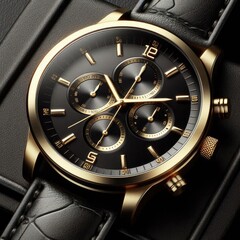 Fototapeta premium Close up of Black wristwatch with golden details. Ideal for advertising watch concepts,. logo icon design. premium illustration