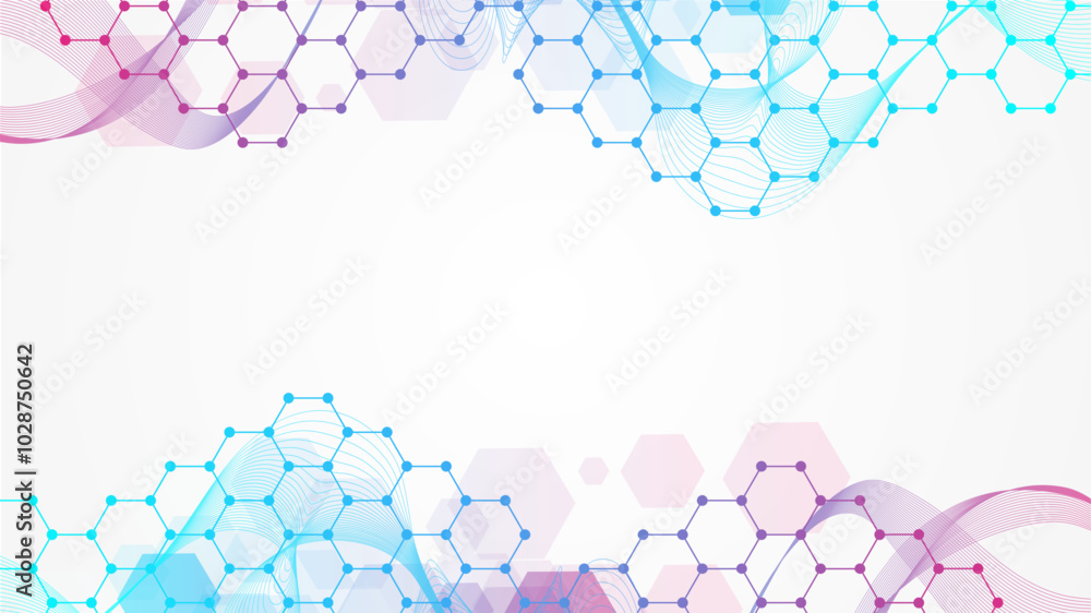 Poster modern scientific background with hexagons, lines and dots. wave flow abstract background. molecular