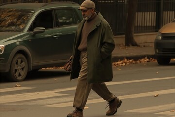 Obraz premium A man wearing a green coat and hat walks across a street. The street is lined with parked cars, including a green car behind the man