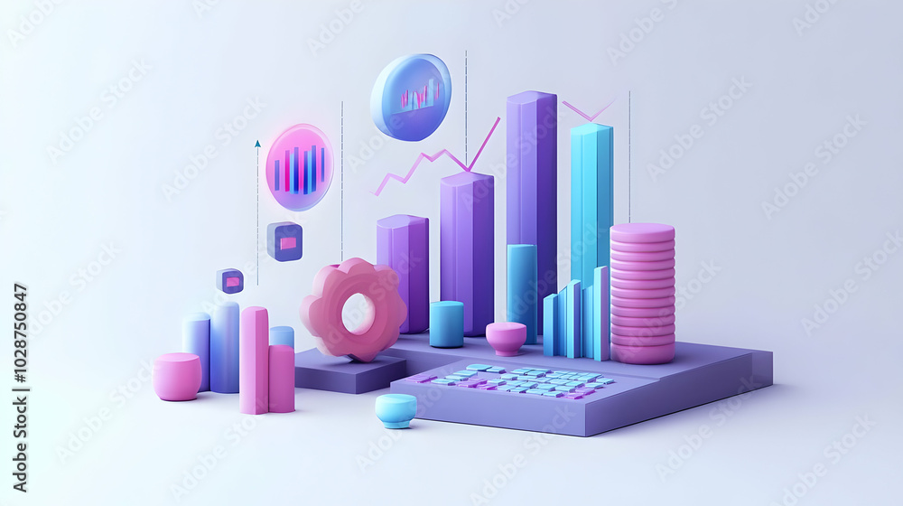 Poster 3d illustration featuring charts and graphs on a platform with a minimalist background