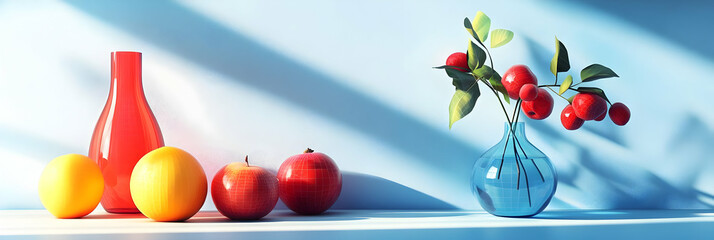 3D Render of a Still Life with Fruit and Vases on a Table
