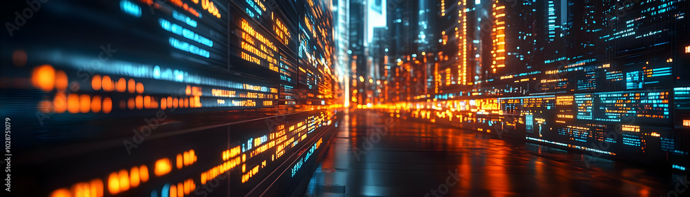 Poster futuristic cityscape with digital code streams flowing through the buildings