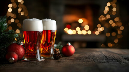 Festive scene with beer glasses and holiday decorations.