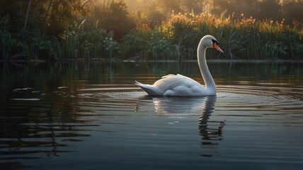 The swan's elegant neck curves as it glides through the water, creating ripples that distort its reflection.