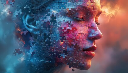 A human head with puzzle pieces emerging from it, set against a gradient background with soft lighting. 